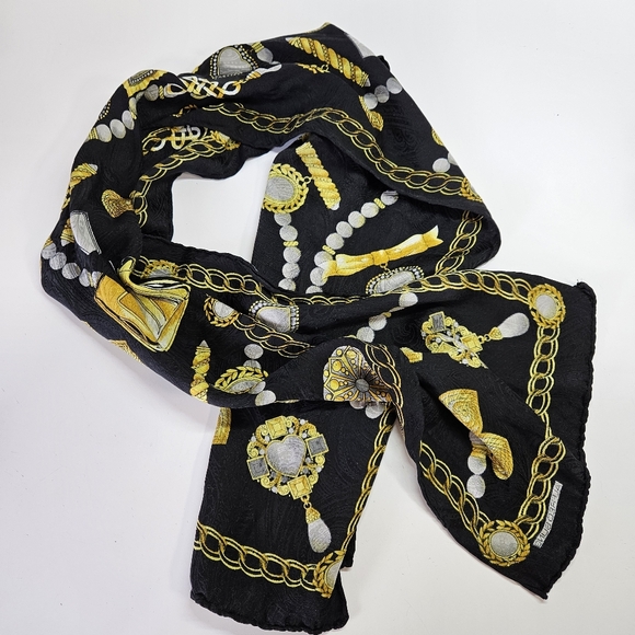 VINTAGE Alfred Sung Black 100% Silk Perfume and Jewelry Rectangle Scarf - Picture 1 of 4